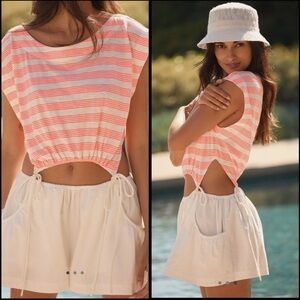 Anthropologie Cutout Summer Romper with Neon Orange Stripes